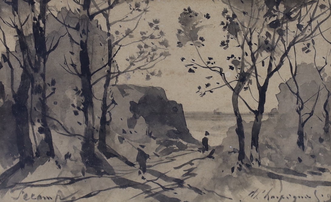Henri Joseph Harpignies (1819-1916), grey wash drawing, 'Fecamps', signed and inscribed, 5.5 x 9cm.